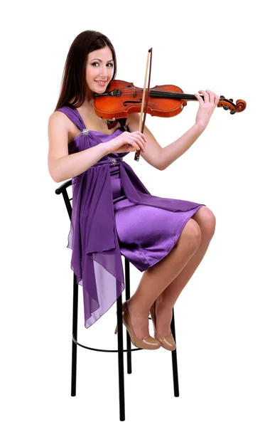 Hermosa joven con violín, aislada en blanco — Foto de Stock