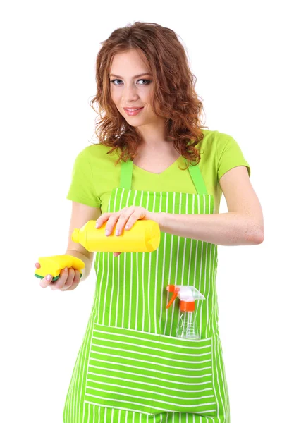 Jovem dona de casa com limpador e esponja isolada em branco — Fotografia de Stock