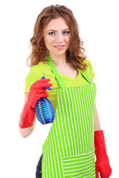 Young woman holding sprayer, isolated on white — Stock Photo, Image