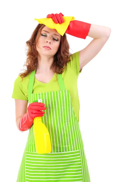 Tired young woman holding sprayer, isolated on white — Stock Photo, Image