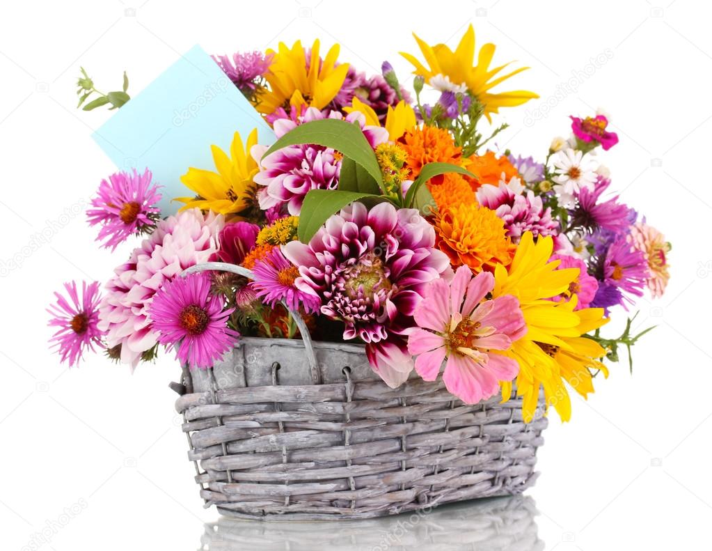 Beautiful bouquet of bright flowers in basket isolated on white Stock ...