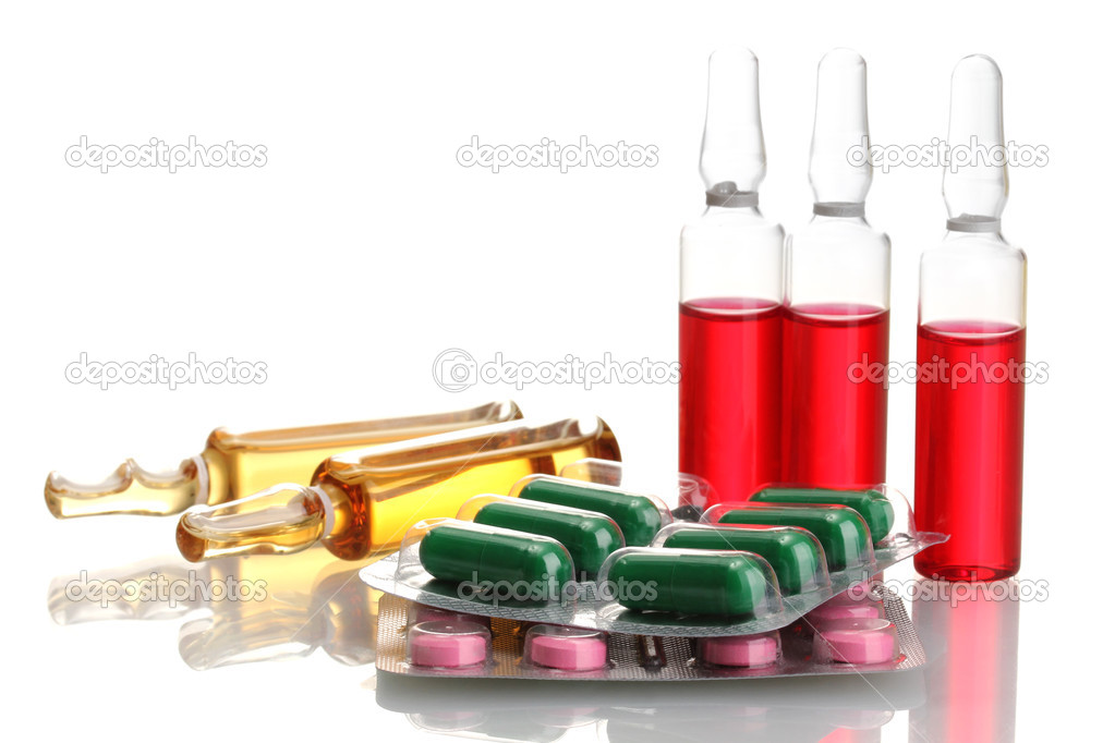 medical ampules, pills and syringes, isolated on white