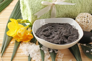 Bambu zemin üzerine spa uygulamaları için kozmetik kil ile kompozisyon