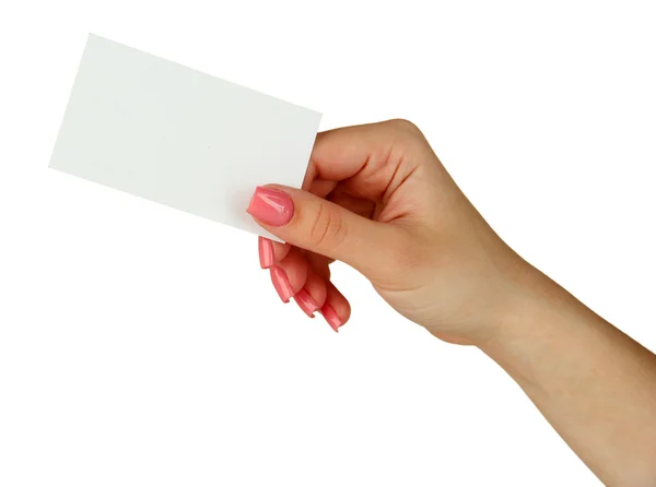 女性の手のビジネス カード、白で隔離されます。 — ストック写真