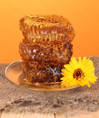 Turuncu zemin üzerine ahşap masa üzerinde petek