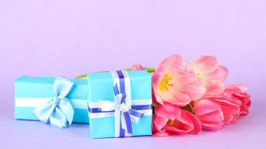 Pembe Laleler ve renkli arka plan üzerinde hediye kutuları