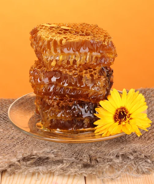 Favo de mel na mesa de madeira no fundo laranja — Fotografia de Stock