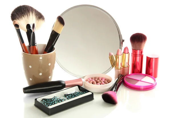 Cosmetics near mirror isolated on white — Stock Photo, Image