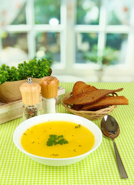 Fragrant soup in white plate on green tablecloth on window background — Stock Photo, Image