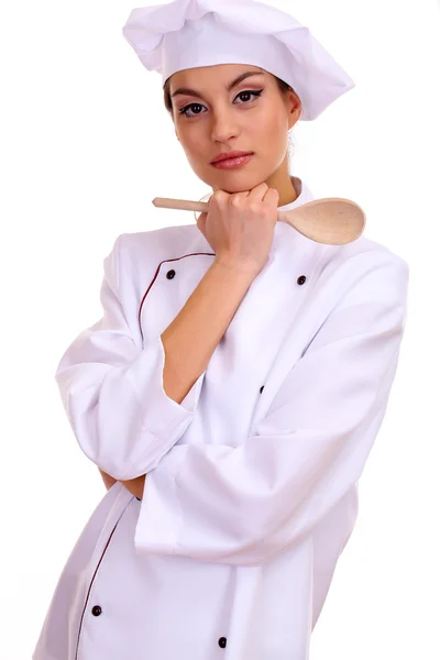Portrét mladé ženy šéfkuchař izolované na bílém — Stock fotografie