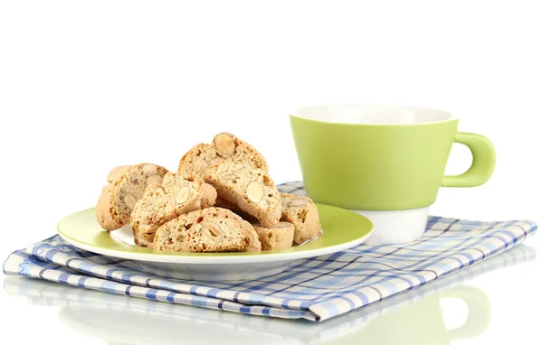 Biscotti aromatici cantuccini e tazzina di caffè isolati su bianco — Foto Stock