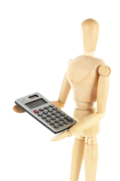 Wooden mannequin with calculator isolated on white — Stock Photo, Image