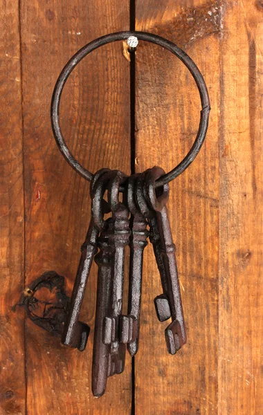 Bunch of old keys hanging on wooden wall — Stock Photo, Image