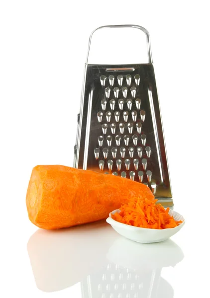 Metal grater and carrot, close up, isolated on white — Stock Photo, Image