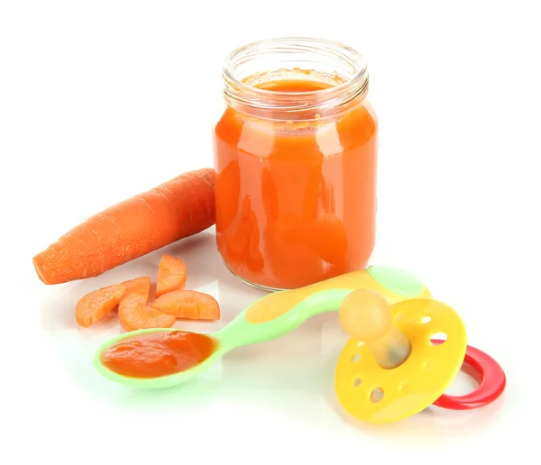 Baby puree with nipple and carrot isolated on white — Stock Photo, Image