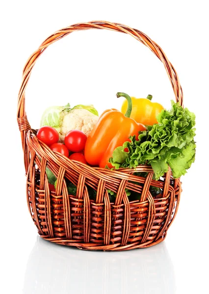 Fresh vegetables in wicker basket isolated on white — Stock Photo, Image