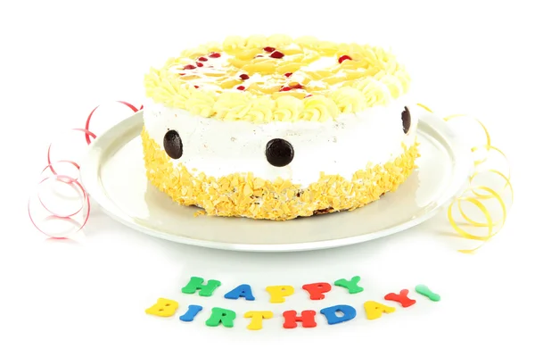 Zadowolony urodziny tort, na białym tle — Zdjęcie stockowe