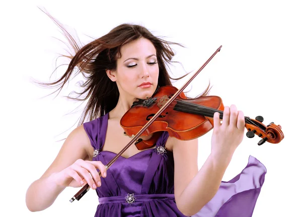 Beautiful young girl with violin, isolated on white — Stock Photo, Image