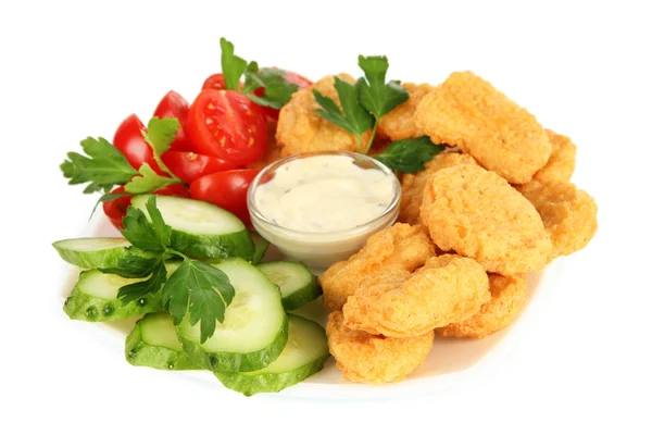 Fried chicken nuggets with vegetables and sauce isolated on white — Stock Photo, Image