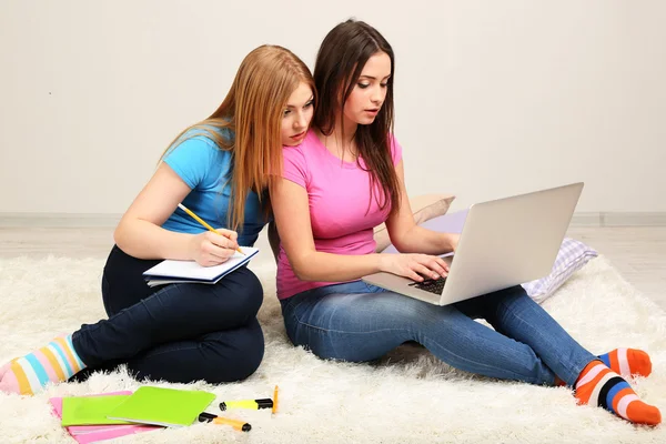两个女孩的朋友与同室的笔记本电脑 — 图库照片