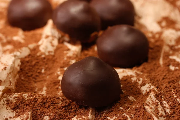 Chocolate candies with cocoa powder, close up — Stock Photo, Image
