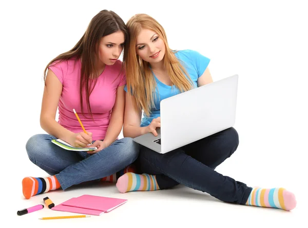Duas amigas com laptop isolado no branco — Fotografia de Stock