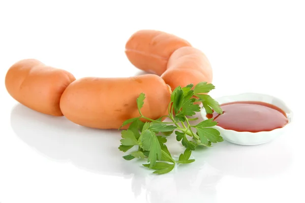 Sausages and ketchup isolated on white — Stock Photo, Image