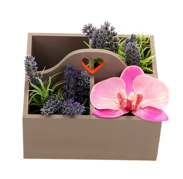 Beautiful flowers arranged in wooden box isolated on white — Stockfoto