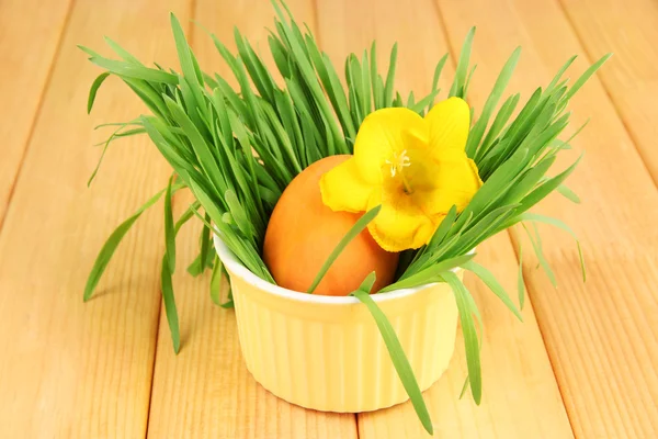 Huevo de Pascua en tazón con hierba sobre mesa de madera de cerca —  Fotos de Stock
