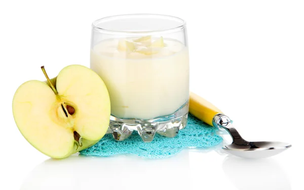 Delicious yogurt in glass with apple isolated on white — Stock Photo, Image