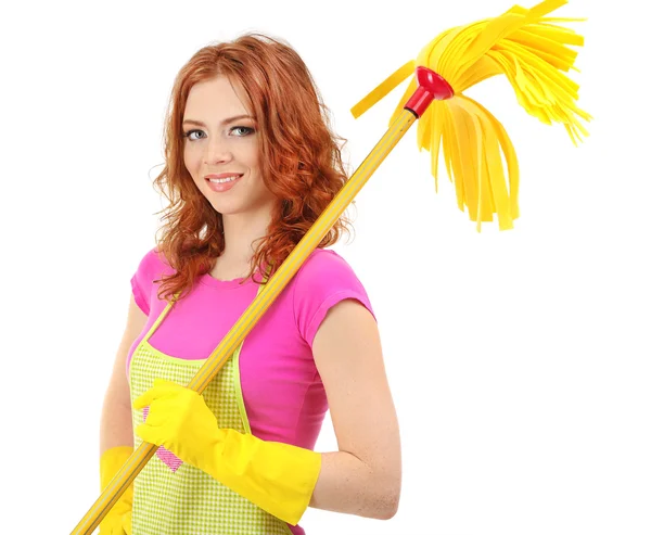 Young housewife with mop, isolated on white — Stock Photo, Image