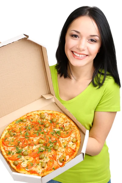 Vacker flicka med läckra pizza pizza rutan isolerad på vit — Stockfoto