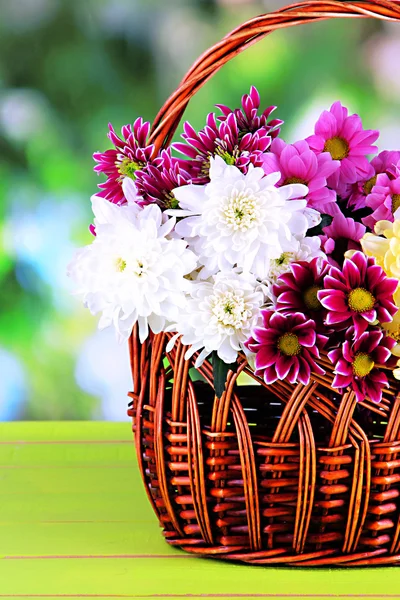 Bouquet of beautiful chrysanthemums in wicker basket on table on bright background — Stock Photo, Image