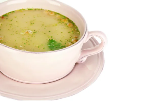 Sopa nutritiva con verduras en sartén aislada sobre blanco —  Fotos de Stock