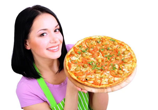 Kız ev hanımı ile üzerine beyaz izole lezzetli pizza — Stok fotoğraf