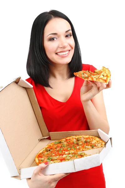 Menina bonita come pizza isolada em branco — Fotografia de Stock
