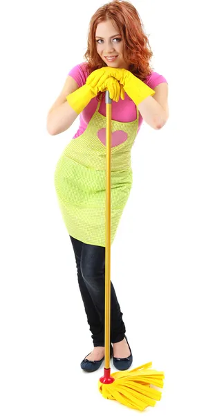 Young housewife with mop, isolated on white — Stock Photo, Image