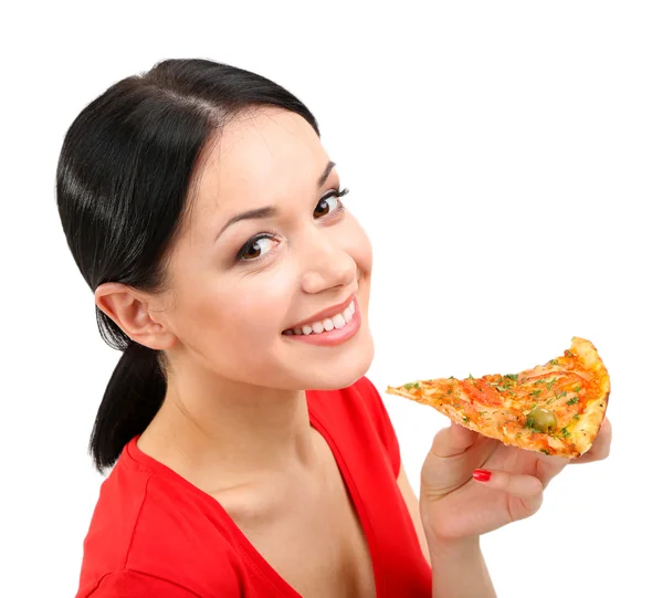 Hermosa chica come pizza primer plano aislado en blanco Imagen De Stock