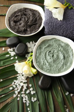 palmiye yaprak zemin üzerine spa uygulamaları için kozmetik kil ile kompozisyon