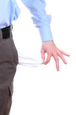 beyaz izole cebinde boş gösterilen iş adamı