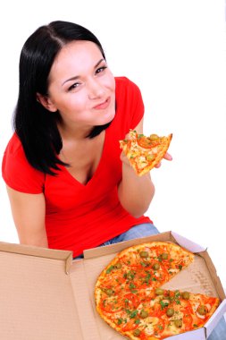 güzel kız beyaz izole pizza yiyor