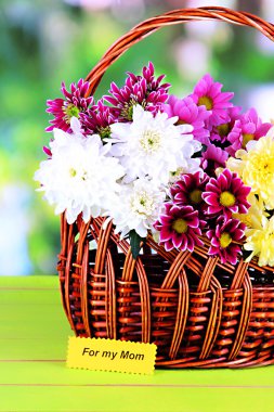 hasır sepet parlak zemin üzerine masada güzel krizantem buket