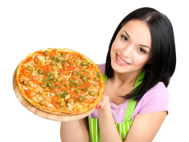 Kız ev hanımı ile üzerine beyaz izole lezzetli pizza