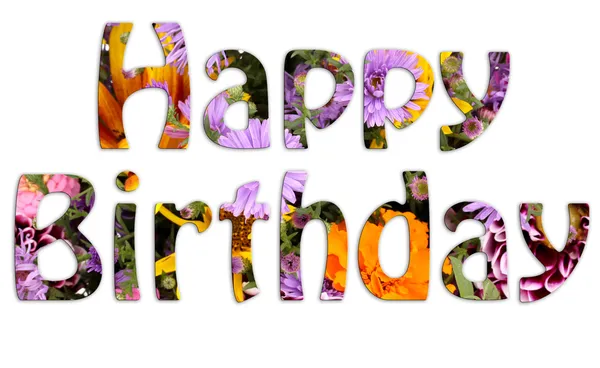 Gelukkige verjaardag tekst maken met heldere bloemen — Stockfoto