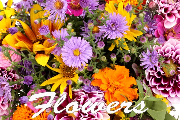 Schöner Strauß heller Blumen in Nahaufnahme und Wortblumen — Stockfoto