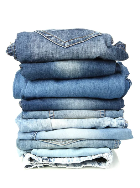 Massa olika Blå jeans isolerad på vit — Stockfoto