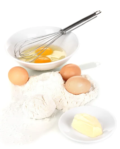 Eggs, flour and butter isolated on white — Stock Photo, Image