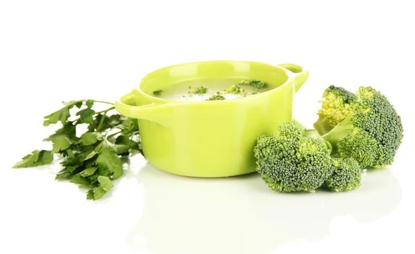 Диетический суп с овощами в кастрюле изолированы на белом — стоковое фото