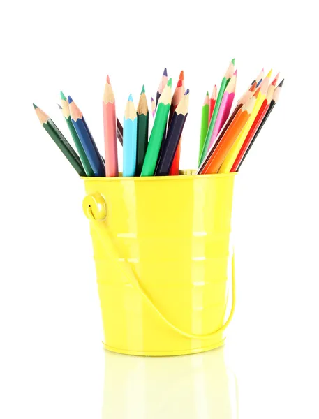 Colorful pencils in pail isolated on white — Stock Photo, Image