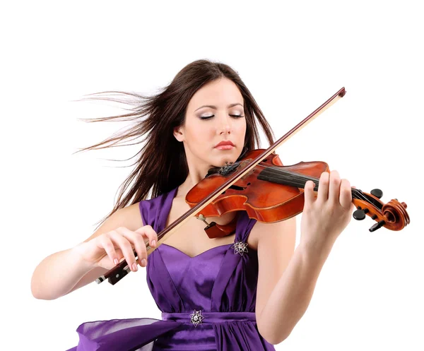 Mooi meisje met viool, geïsoleerd op wit — Stockfoto